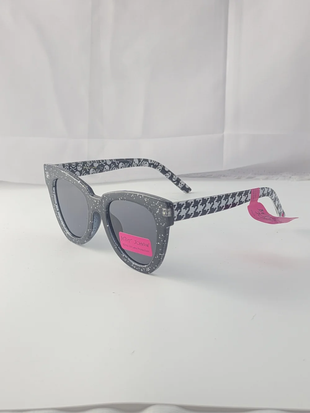 Betsy Johnson Cat-Eye Houndstooth Skull Sunglasses Black White